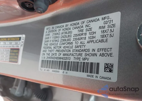 2021 Honda Cr-V Awd Ex-L from USA, damaged, VIN 2HKRW2H83MH632513